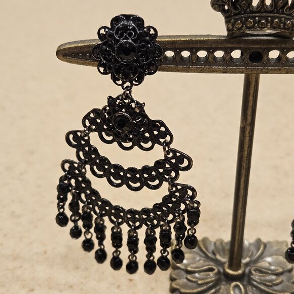 RARE VINTAGE JOSE & MARIA BARRERA BLACK CRYSTAL SILVER DROP CHANDELIER EARRINGS - Picture 3 of 10